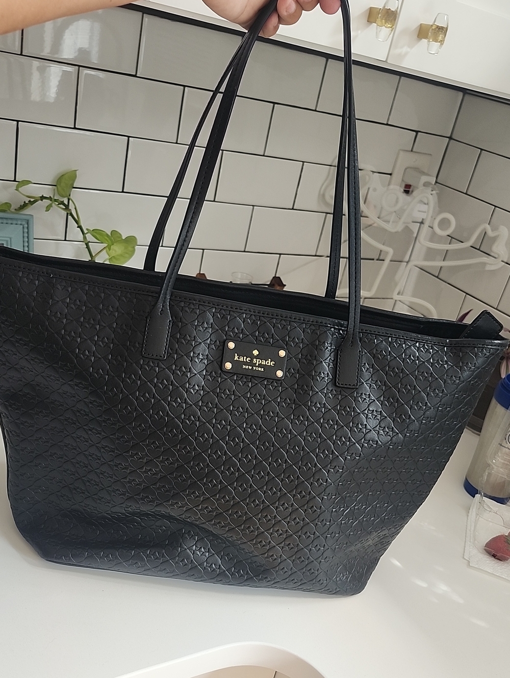 kate spade Black Quilted Tote with Gold Plaque